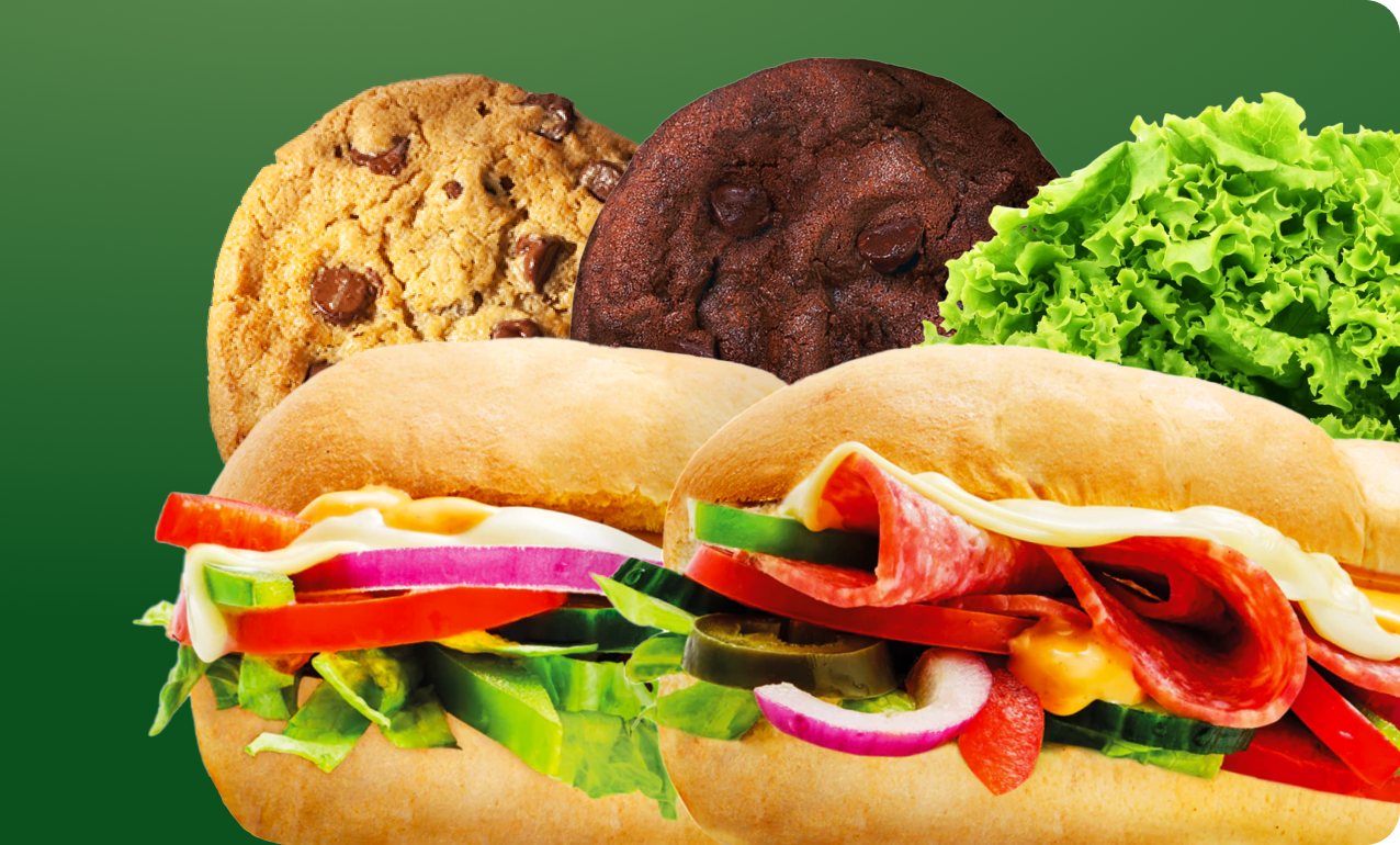 Collage aus frischen Subs, Cookies und Salat