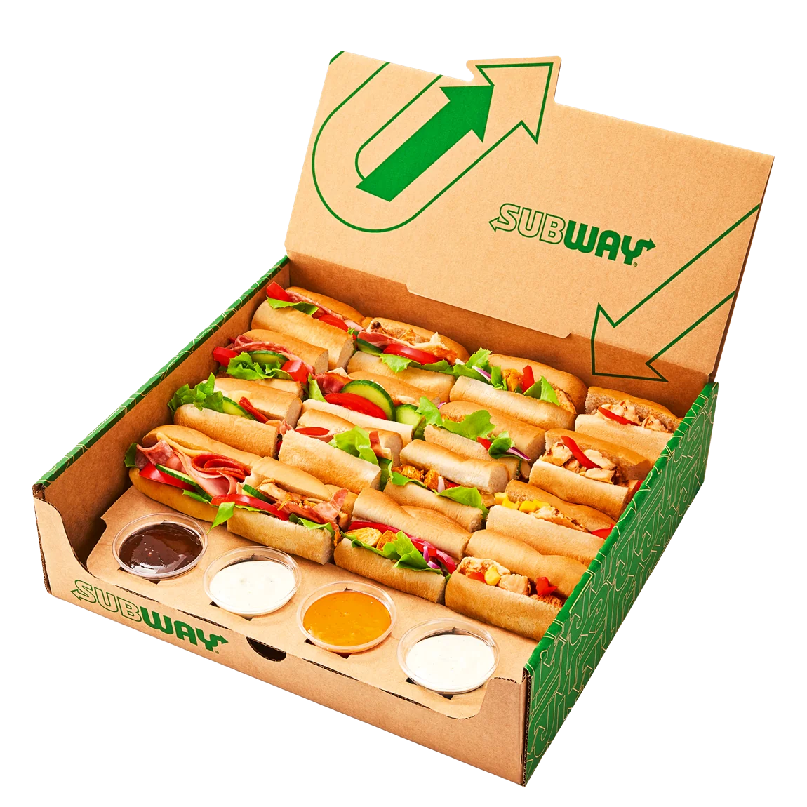 Geöffnete Subway-Catering-Box mit Sub-Platte und Saucen