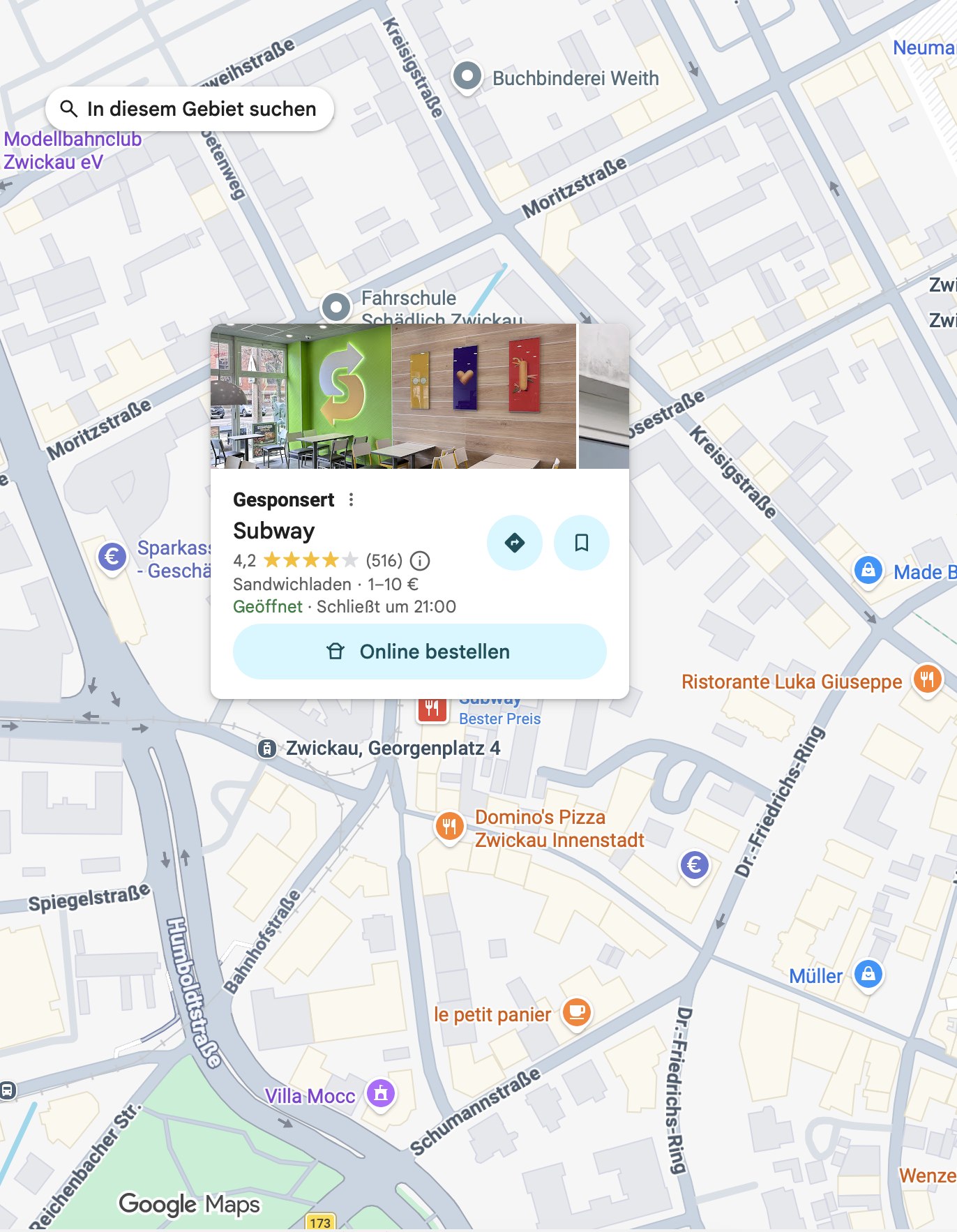Kartenausschnitt mit dem Standort Subway Zwickau Poetenweg