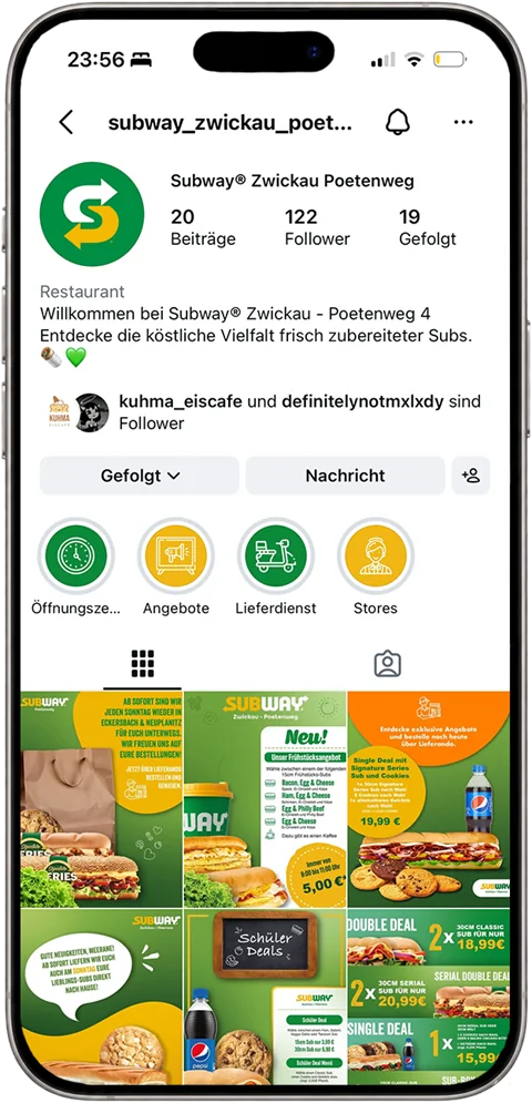 Smartphone mit dem Instagram-Profil von Subway Zwickau Poetenweg