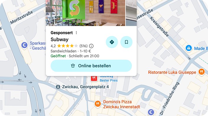 Kartenausschnitt mit dem Subway-Standort am Poetenweg in Zwickau